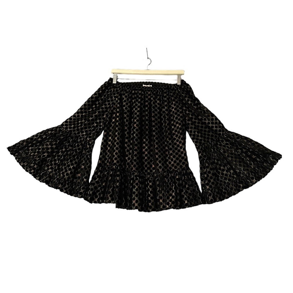 Rococo Sand | Black &‎ Gold Polka Dot Bell Sleeve Off the Shoulder Blouse Size S
